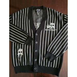 Forever 21 Sanrio Badtz-Maru Mens Cardigan Black Grey Striped Sweater Medium